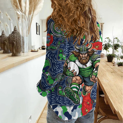 Canberra Raiders ANZAC Women Casual Shirt Indigenous Wave Pattern Poppy Remembrance Viking Warrior