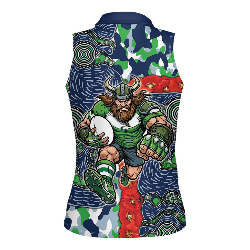 Canberra Raiders ANZAC Women Sleeveless Polo Shirt Indigenous Wave Pattern Poppy Remembrance Viking Warrior