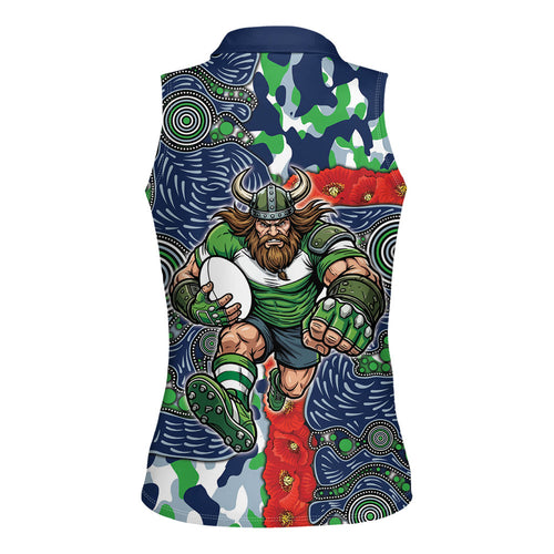 Canberra Raiders ANZAC Women Sleeveless Polo Shirt Indigenous Wave Pattern Poppy Remembrance Viking Warrior