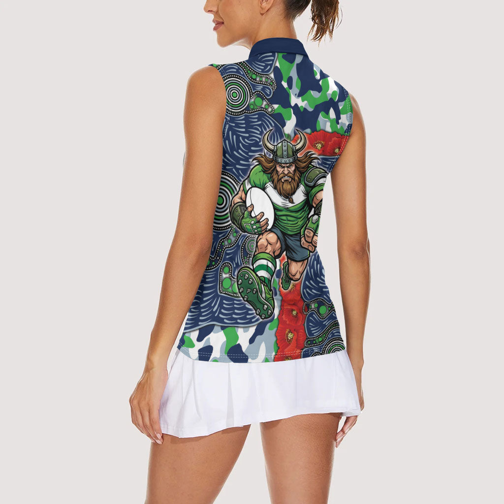 Canberra Raiders ANZAC Women Sleeveless Polo Shirt Indigenous Wave Pattern Poppy Remembrance Viking Warrior