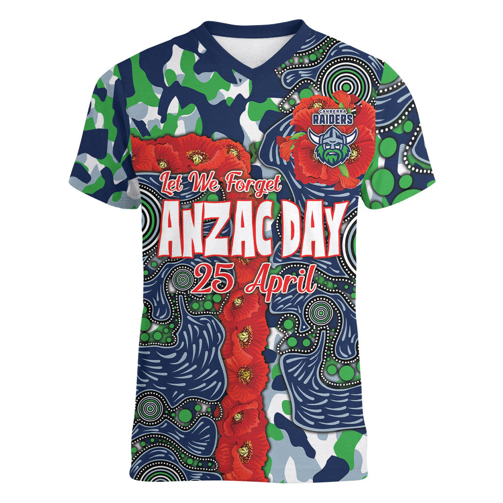 Canberra Raiders ANZAC Women V-Neck T-Shirt Indigenous Wave Pattern Poppy Remembrance Viking Warrior