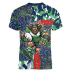 Canberra Raiders ANZAC Women V-Neck T-Shirt Indigenous Wave Pattern Poppy Remembrance Viking Warrior