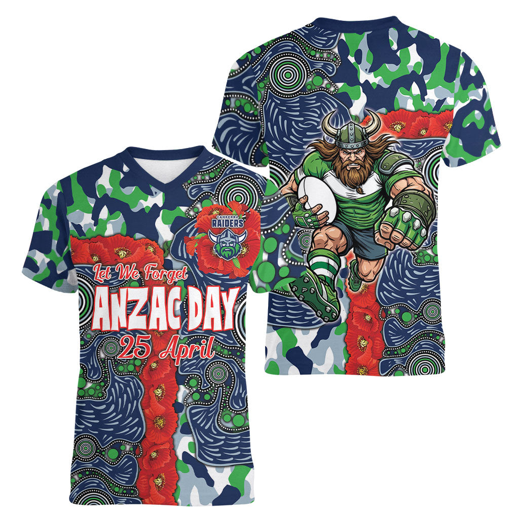 Canberra Raiders ANZAC Women V-Neck T-Shirt Indigenous Wave Pattern Poppy Remembrance Viking Warrior