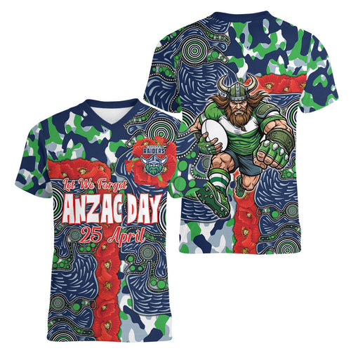 Canberra Raiders ANZAC Women V-Neck T-Shirt Indigenous Wave Pattern Poppy Remembrance Viking Warrior