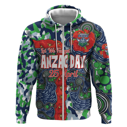 Canberra Raiders ANZAC Zip Hoodie Indigenous Wave Pattern Poppy Remembrance Viking Warrior