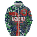 Canberra Raiders ANZAC Zip Hoodie Indigenous Wave Pattern Poppy Remembrance Viking Warrior