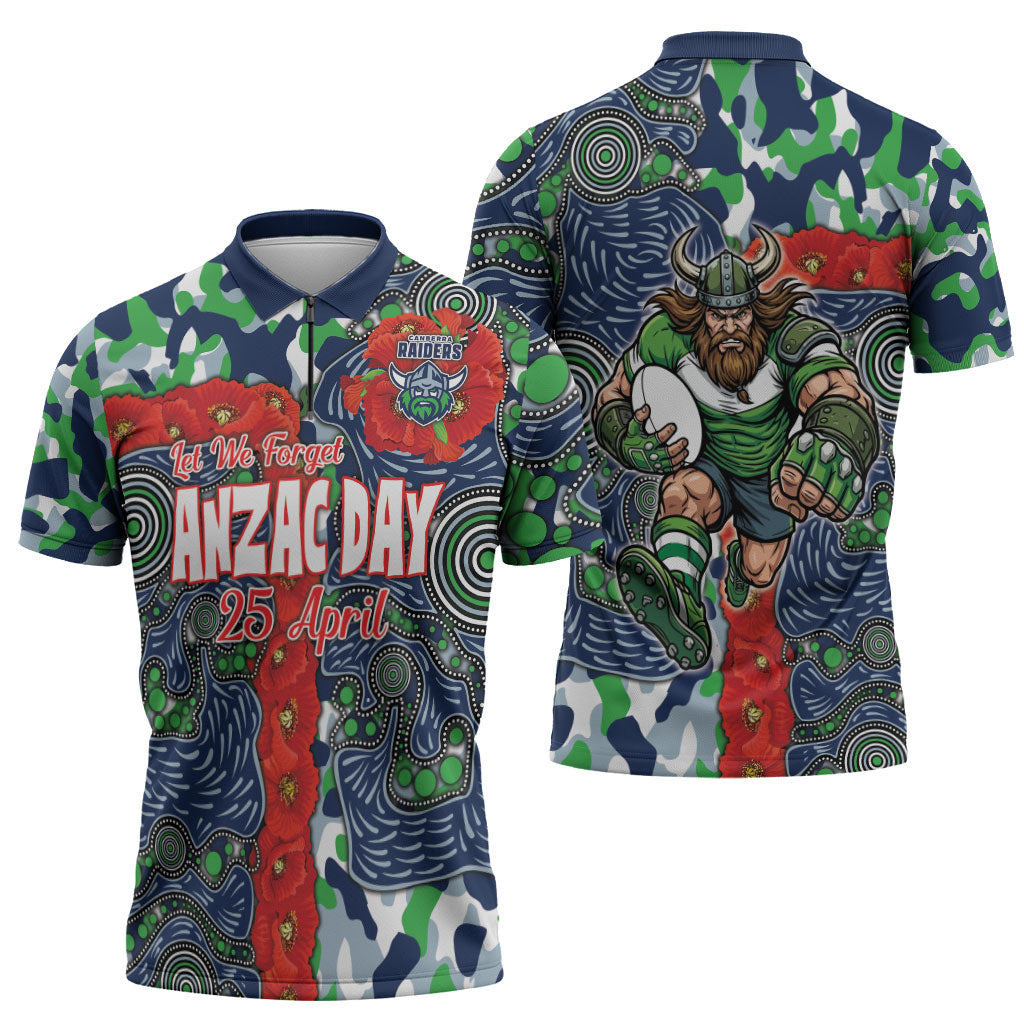 Canberra Raiders ANZAC Zipper Polo Shirt Indigenous Wave Pattern Poppy Remembrance Viking Warrior