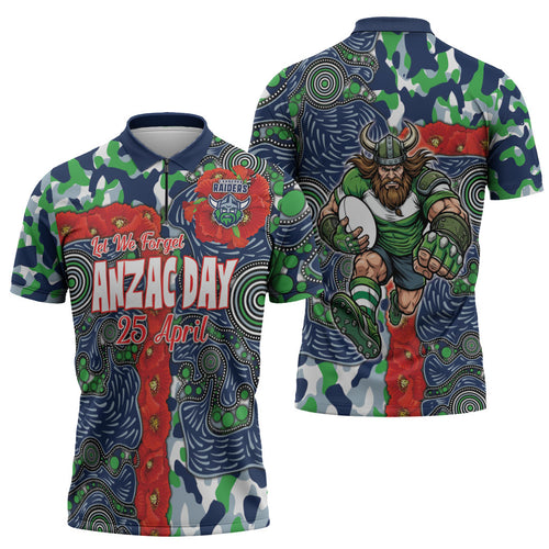 Canberra Raiders ANZAC Zipper Polo Shirt Indigenous Wave Pattern Poppy Remembrance Viking Warrior