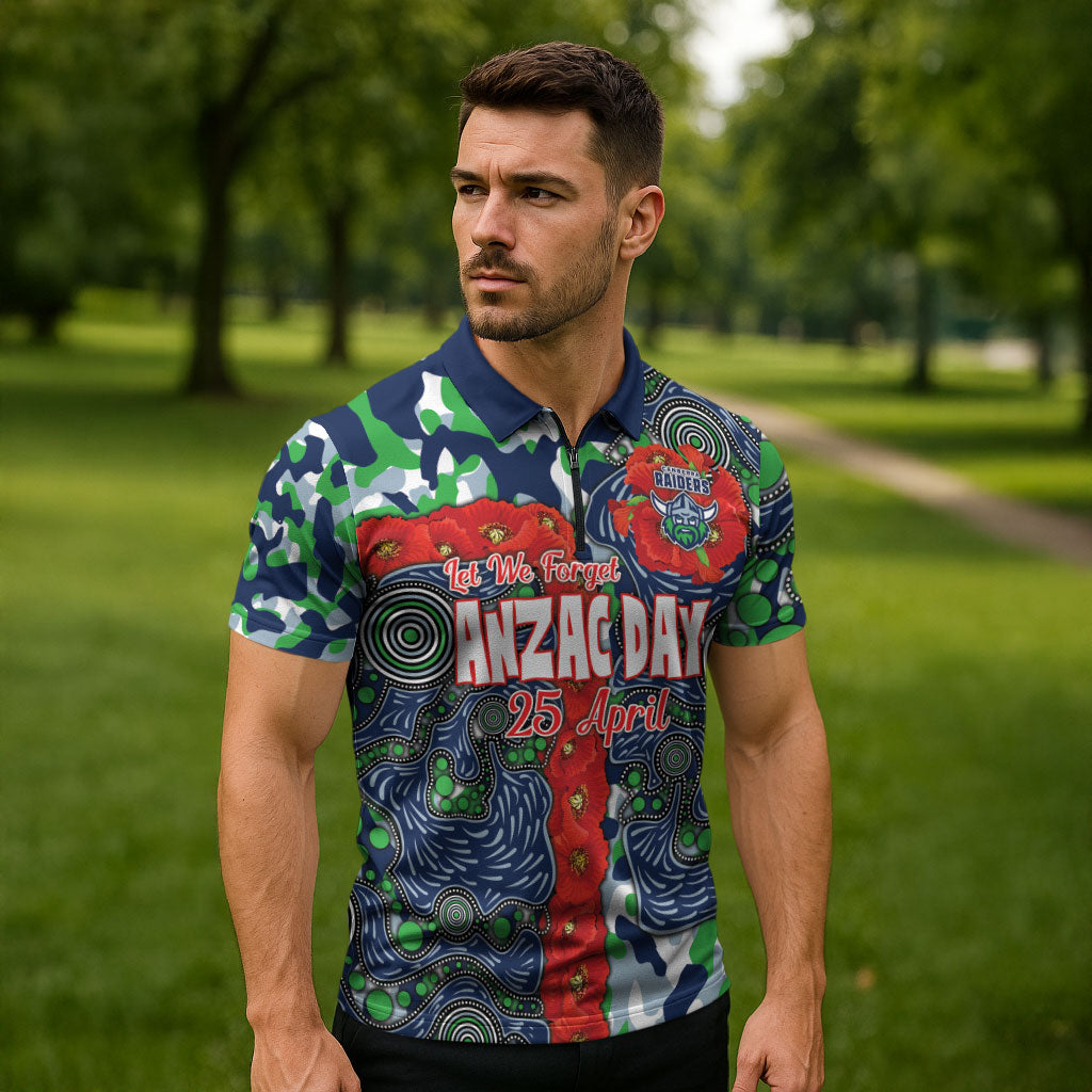 Canberra Raiders ANZAC Zipper Polo Shirt Indigenous Wave Pattern Poppy Remembrance Viking Warrior
