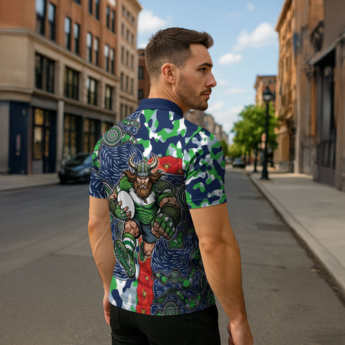 Canberra Raiders ANZAC Zipper Polo Shirt Indigenous Wave Pattern Poppy Remembrance Viking Warrior