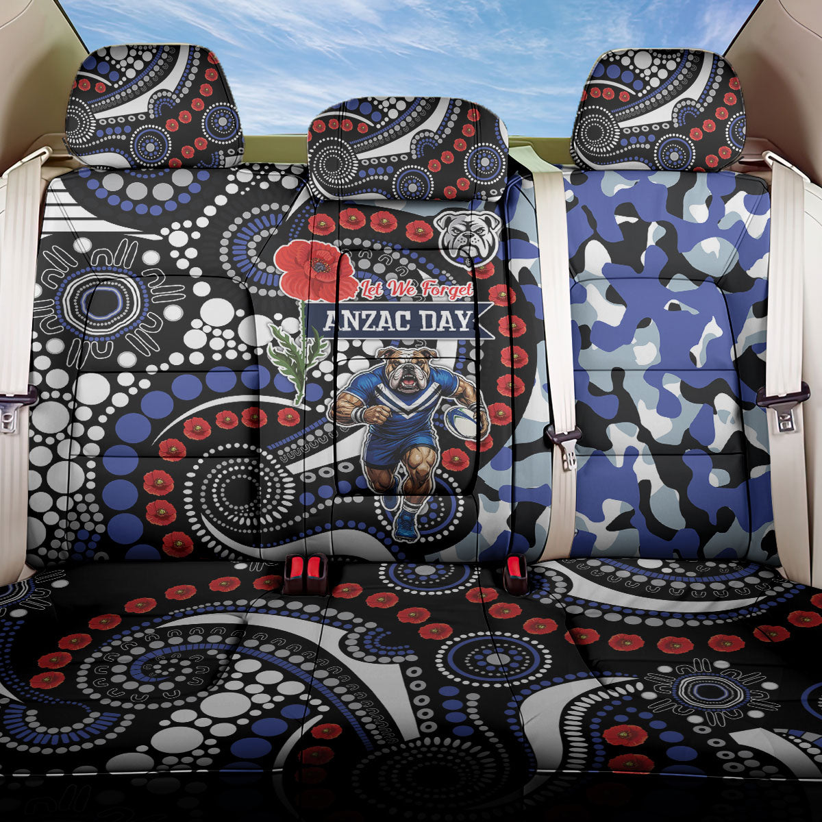 Canterbury Bulldogs ANZAC Day Back Car Seat Cover Aboriginal Dot Poppy Remembrance Bulldog