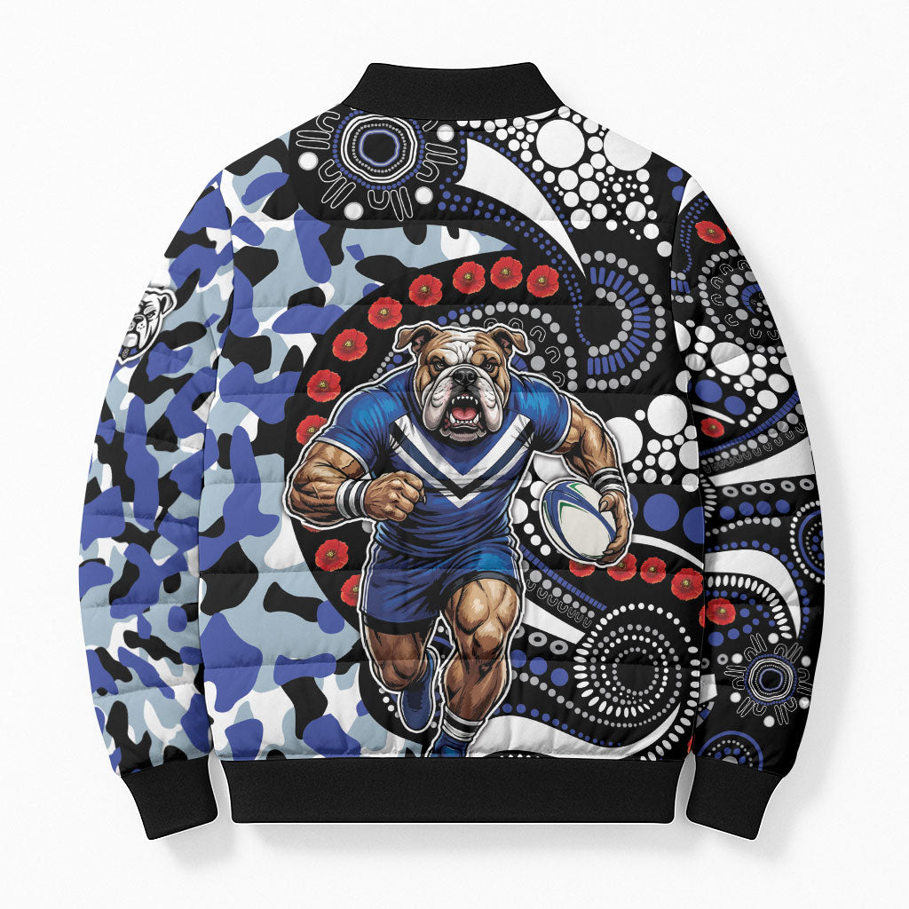 Canterbury Bulldogs ANZAC Day Bomber Puffer Jacket Aboriginal Dot Poppy Remembrance Bulldog