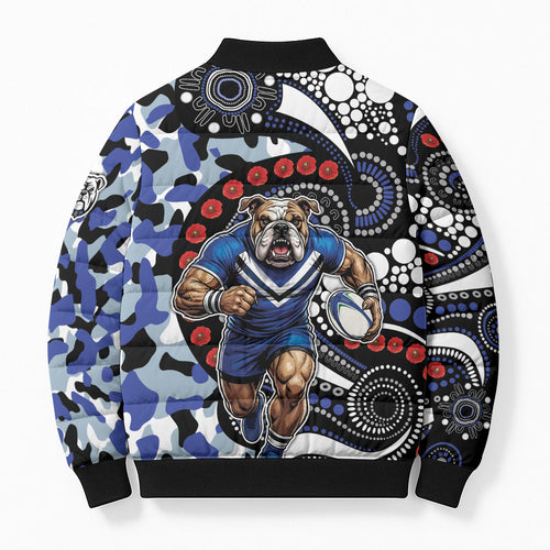 Canterbury Bulldogs ANZAC Day Bomber Puffer Jacket Aboriginal Dot Poppy Remembrance Bulldog