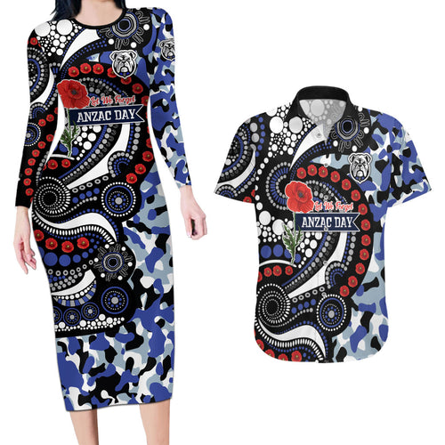 Canterbury Bulldogs ANZAC Day Couples Matching Long Sleeve Bodycon Dress and Hawaiian Shirt Aboriginal Dot Poppy Remembrance Bulldog