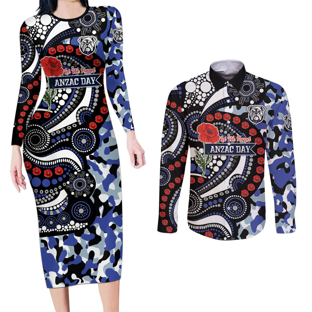 Canterbury Bulldogs ANZAC Day Couples Matching Long Sleeve Bodycon Dress and Long Sleeve Button Shirt Aboriginal Dot Poppy Remembrance Bulldog