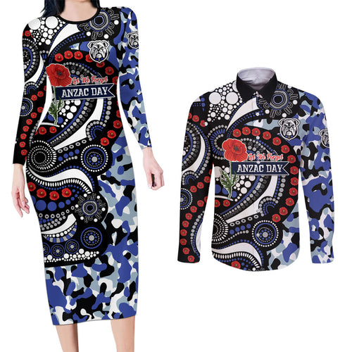 Canterbury Bulldogs ANZAC Day Couples Matching Long Sleeve Bodycon Dress and Long Sleeve Button Shirt Aboriginal Dot Poppy Remembrance Bulldog