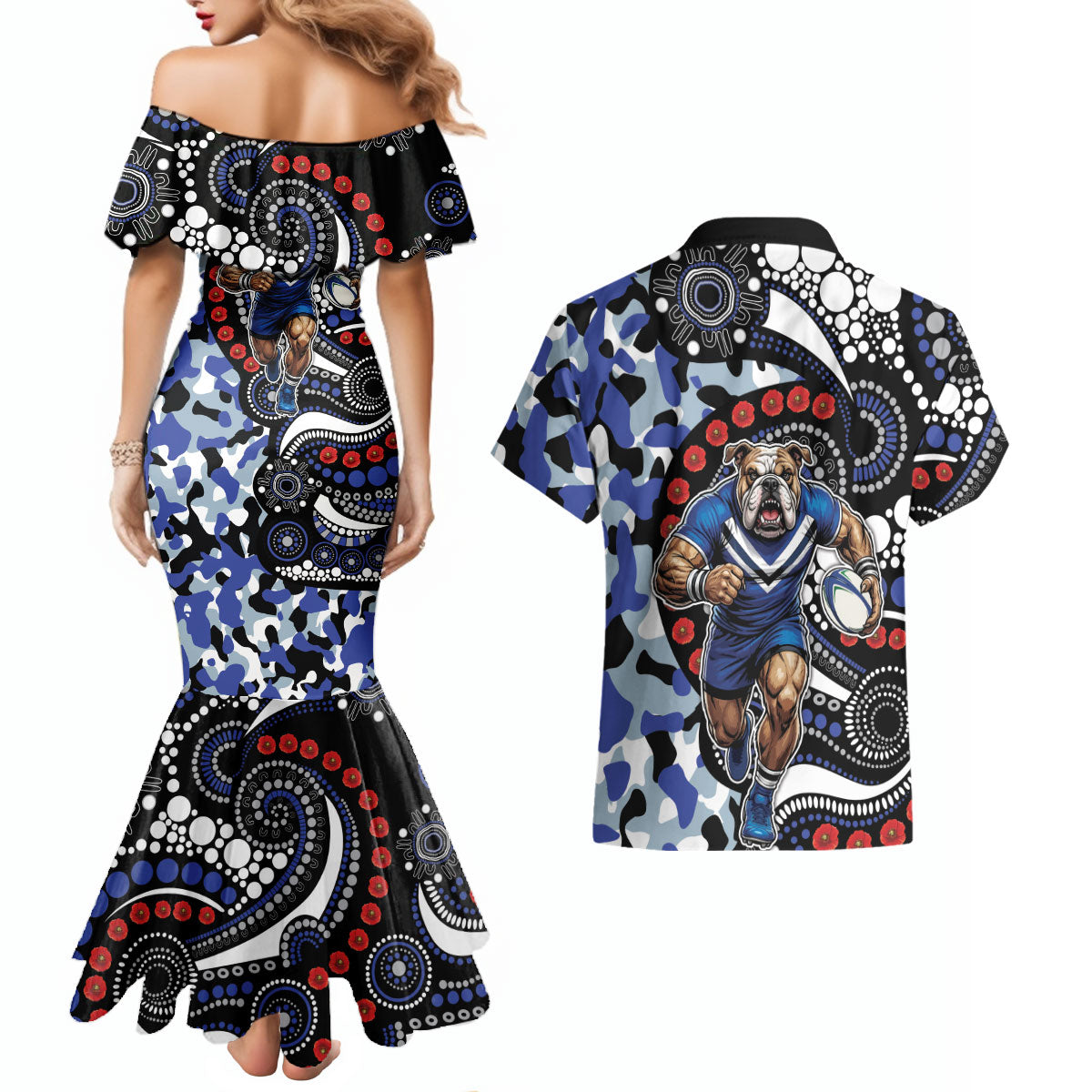 Canterbury Bulldogs ANZAC Day Couples Matching Mermaid Dress and Hawaiian Shirt Aboriginal Dot Poppy Remembrance Bulldog