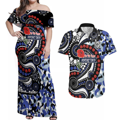 Canterbury Bulldogs ANZAC Day Couples Matching Off Shoulder Maxi Dress and Hawaiian Shirt Aboriginal Dot Poppy Remembrance Bulldog