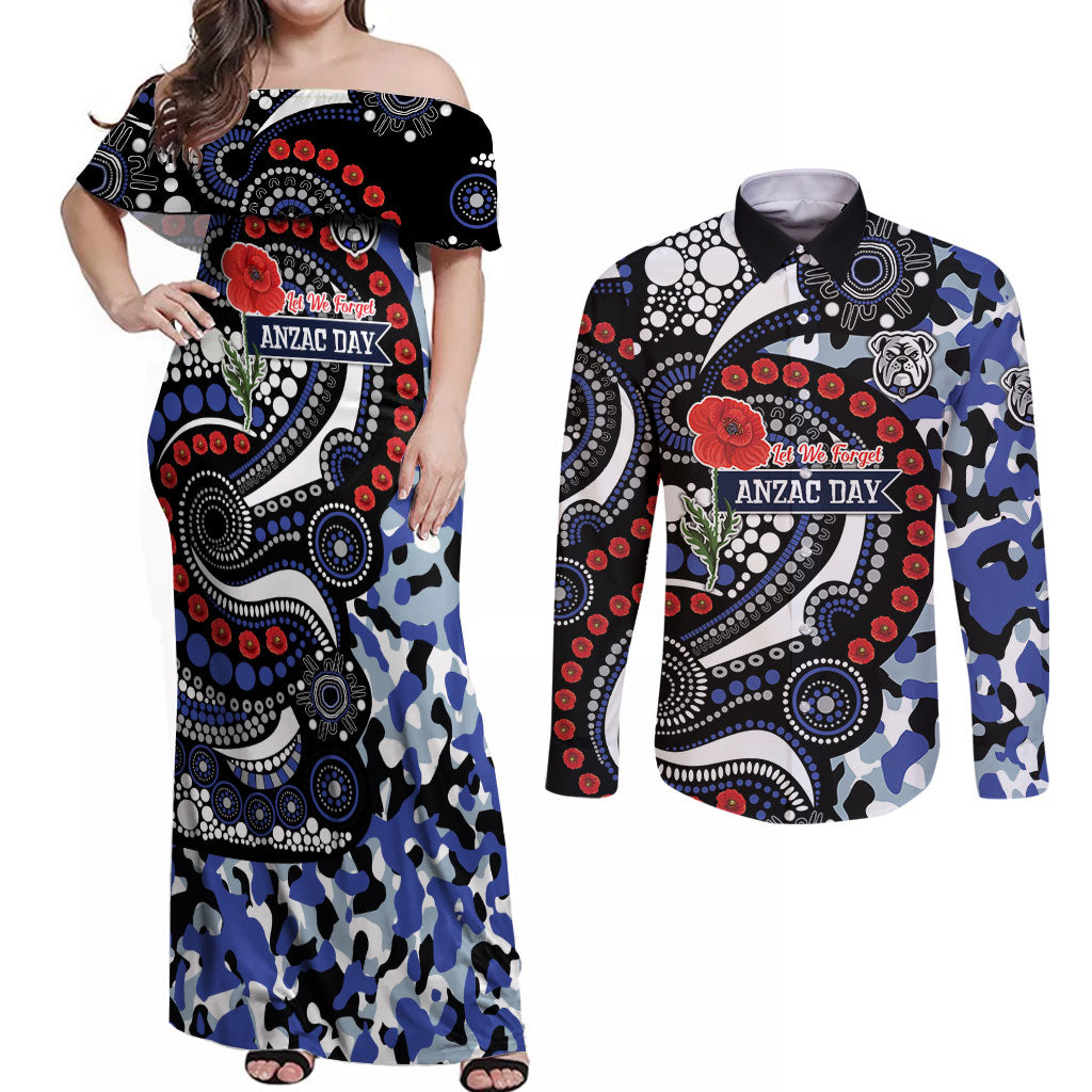 Canterbury Bulldogs ANZAC Day Couples Matching Off Shoulder Maxi Dress and Long Sleeve Button Shirt Aboriginal Dot Poppy Remembrance Bulldog