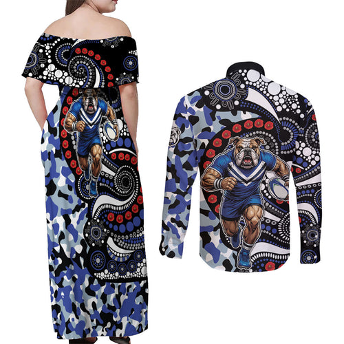 Canterbury Bulldogs ANZAC Day Couples Matching Off Shoulder Maxi Dress and Long Sleeve Button Shirt Aboriginal Dot Poppy Remembrance Bulldog