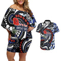 Canterbury Bulldogs ANZAC Day Couples Matching Off Shoulder Short Dress and Hawaiian Shirt Aboriginal Dot Poppy Remembrance Bulldog
