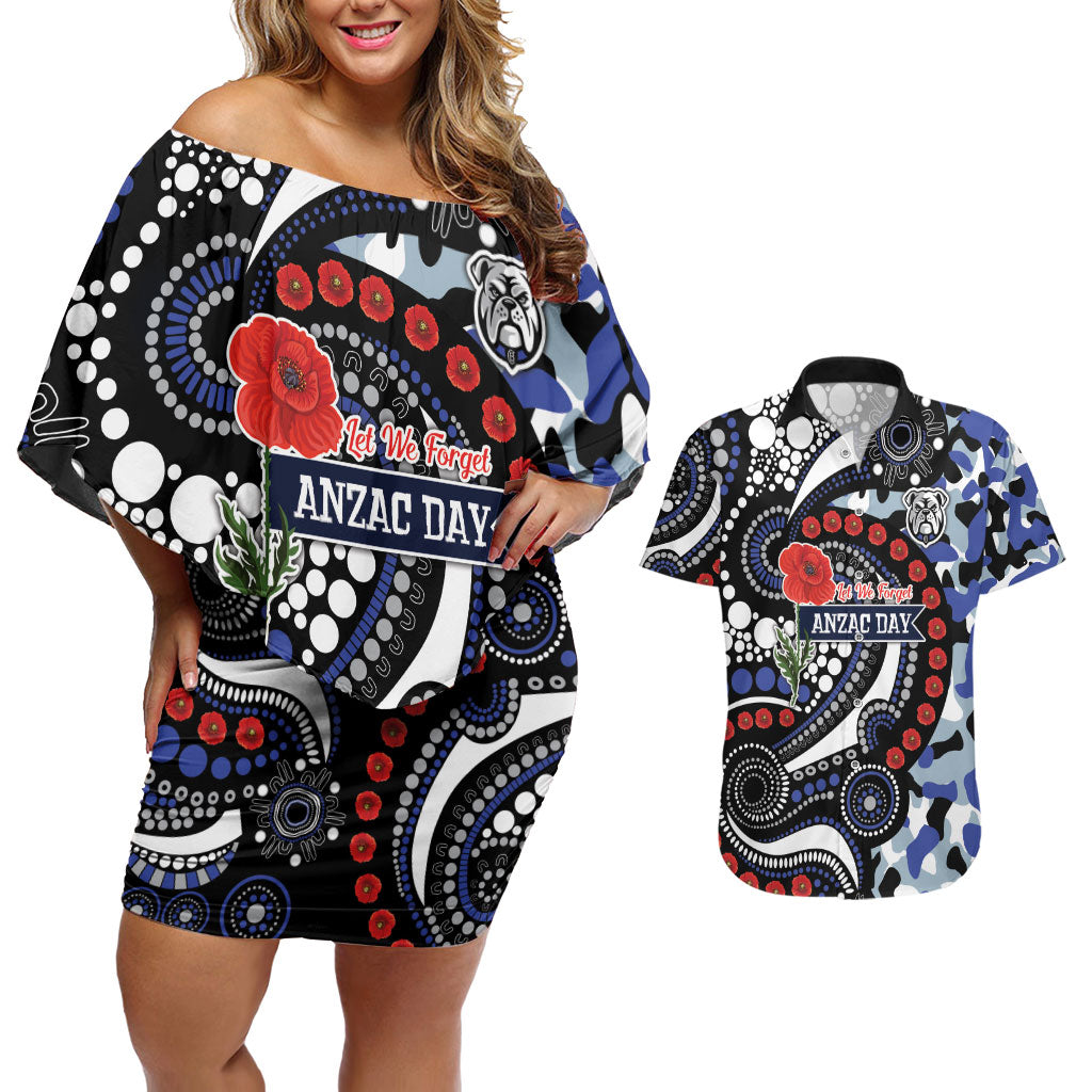 Canterbury Bulldogs ANZAC Day Couples Matching Off Shoulder Short Dress and Hawaiian Shirt Aboriginal Dot Poppy Remembrance Bulldog
