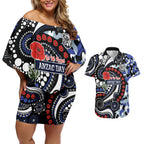 Canterbury Bulldogs ANZAC Day Couples Matching Off Shoulder Short Dress and Hawaiian Shirt Aboriginal Dot Poppy Remembrance Bulldog