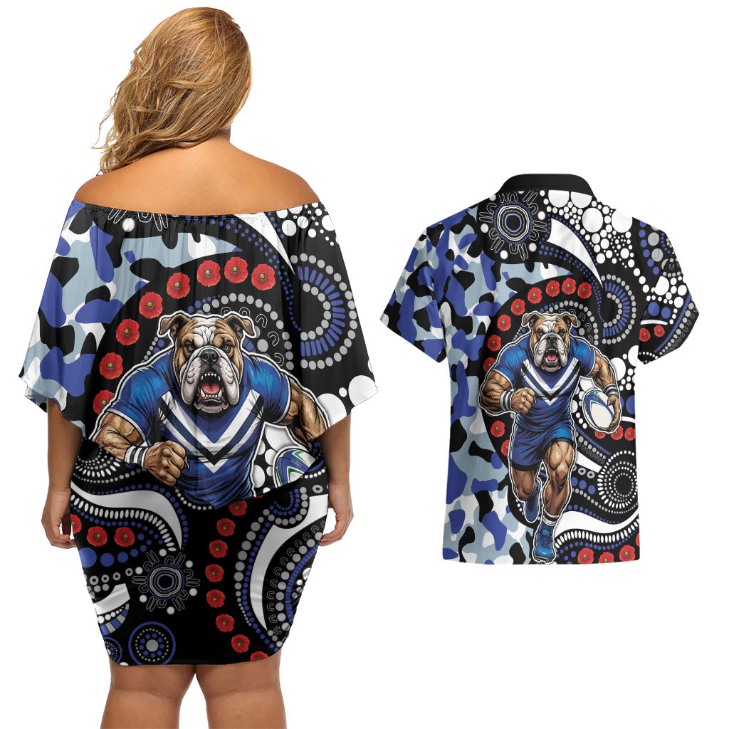 Canterbury Bulldogs ANZAC Day Couples Matching Off Shoulder Short Dress and Hawaiian Shirt Aboriginal Dot Poppy Remembrance Bulldog