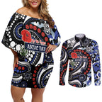 Canterbury Bulldogs ANZAC Day Couples Matching Off Shoulder Short Dress and Long Sleeve Button Shirt Aboriginal Dot Poppy Remembrance Bulldog