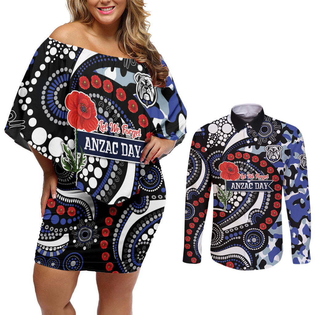 Canterbury Bulldogs ANZAC Day Couples Matching Off Shoulder Short Dress and Long Sleeve Button Shirt Aboriginal Dot Poppy Remembrance Bulldog