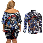 Canterbury Bulldogs ANZAC Day Couples Matching Off Shoulder Short Dress and Long Sleeve Button Shirt Aboriginal Dot Poppy Remembrance Bulldog