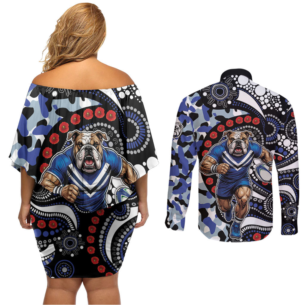 Canterbury Bulldogs ANZAC Day Couples Matching Off Shoulder Short Dress and Long Sleeve Button Shirt Aboriginal Dot Poppy Remembrance Bulldog