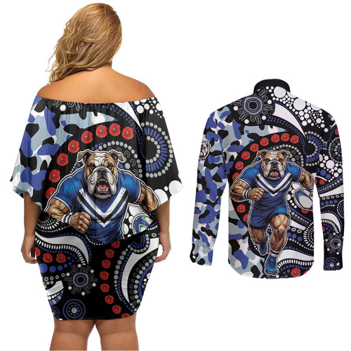 Canterbury Bulldogs ANZAC Day Couples Matching Off Shoulder Short Dress and Long Sleeve Button Shirt Aboriginal Dot Poppy Remembrance Bulldog
