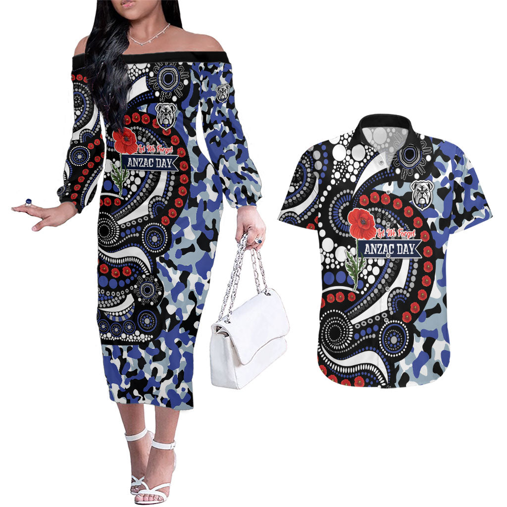 Canterbury Bulldogs ANZAC Day Couples Matching Off The Shoulder Long Sleeve Dress and Hawaiian Shirt Aboriginal Dot Poppy Remembrance Bulldog