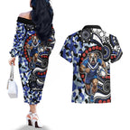 Canterbury Bulldogs ANZAC Day Couples Matching Off The Shoulder Long Sleeve Dress and Hawaiian Shirt Aboriginal Dot Poppy Remembrance Bulldog