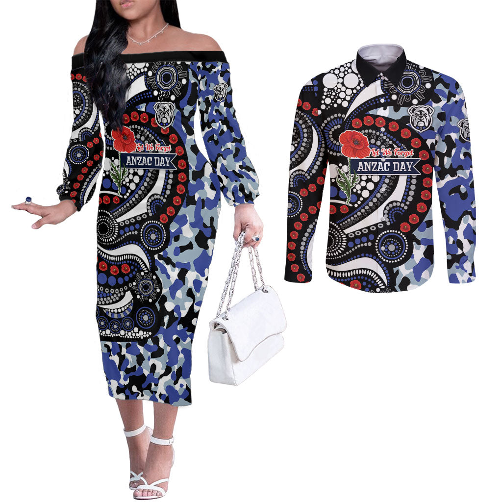 Canterbury Bulldogs ANZAC Day Couples Matching Off The Shoulder Long Sleeve Dress and Long Sleeve Button Shirt Aboriginal Dot Poppy Remembrance Bulldog