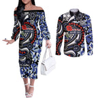 Canterbury Bulldogs ANZAC Day Couples Matching Off The Shoulder Long Sleeve Dress and Long Sleeve Button Shirt Aboriginal Dot Poppy Remembrance Bulldog