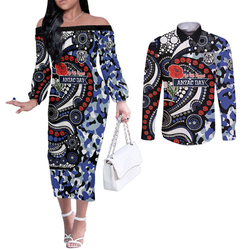 Canterbury Bulldogs ANZAC Day Couples Matching Off The Shoulder Long Sleeve Dress and Long Sleeve Button Shirt Aboriginal Dot Poppy Remembrance Bulldog