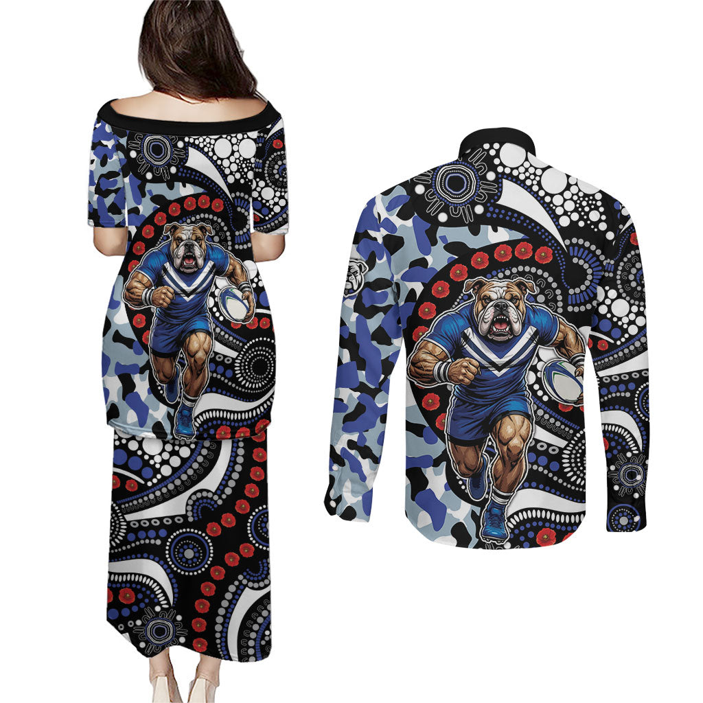Canterbury Bulldogs ANZAC Day Couples Matching Puletasi and Long Sleeve Button Shirt Aboriginal Dot Poppy Remembrance Bulldog