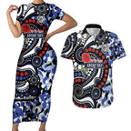 Canterbury Bulldogs ANZAC Day Couples Matching Short Sleeve Bodycon Dress and Hawaiian Shirt Aboriginal Dot Poppy Remembrance Bulldog