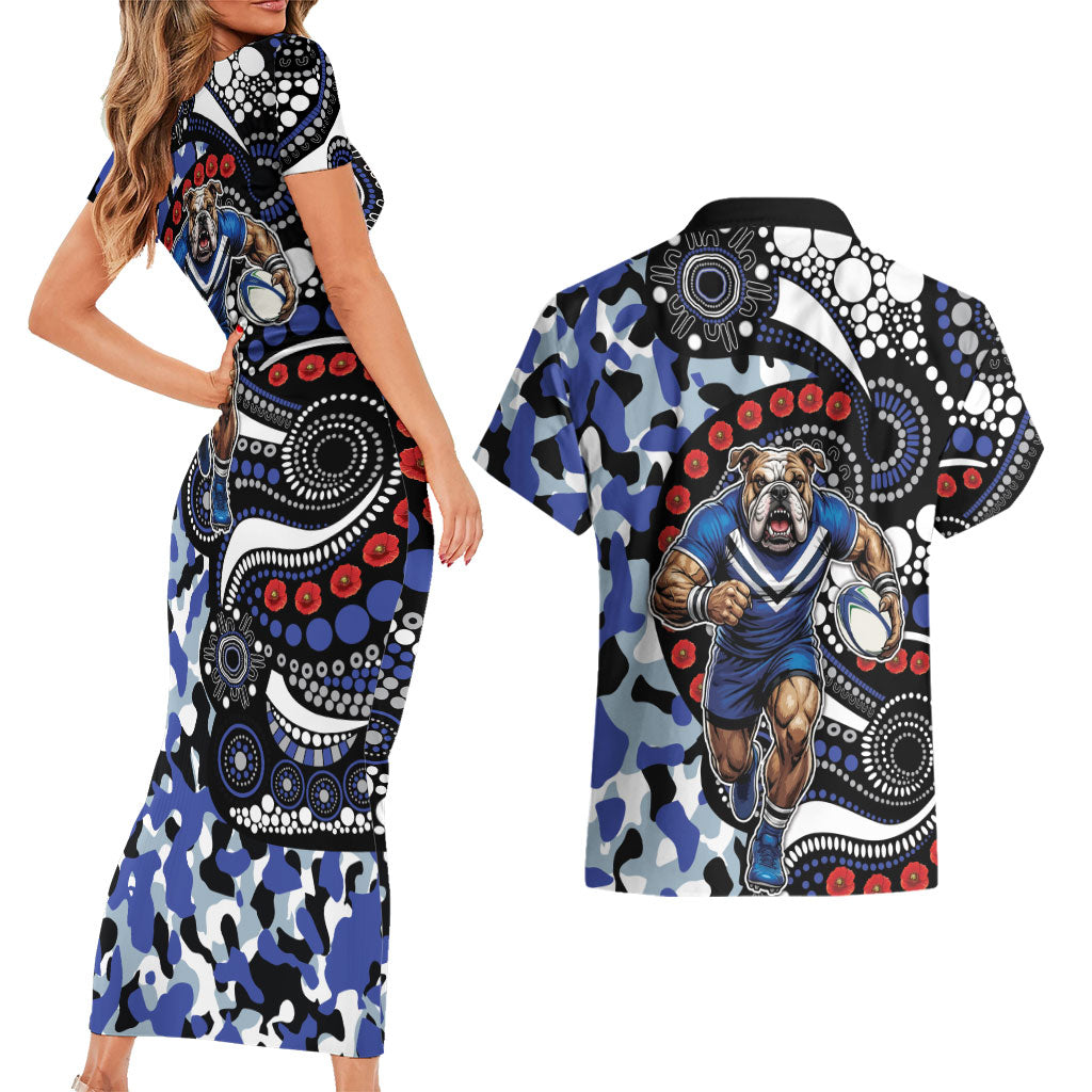 Canterbury Bulldogs ANZAC Day Couples Matching Short Sleeve Bodycon Dress and Hawaiian Shirt Aboriginal Dot Poppy Remembrance Bulldog