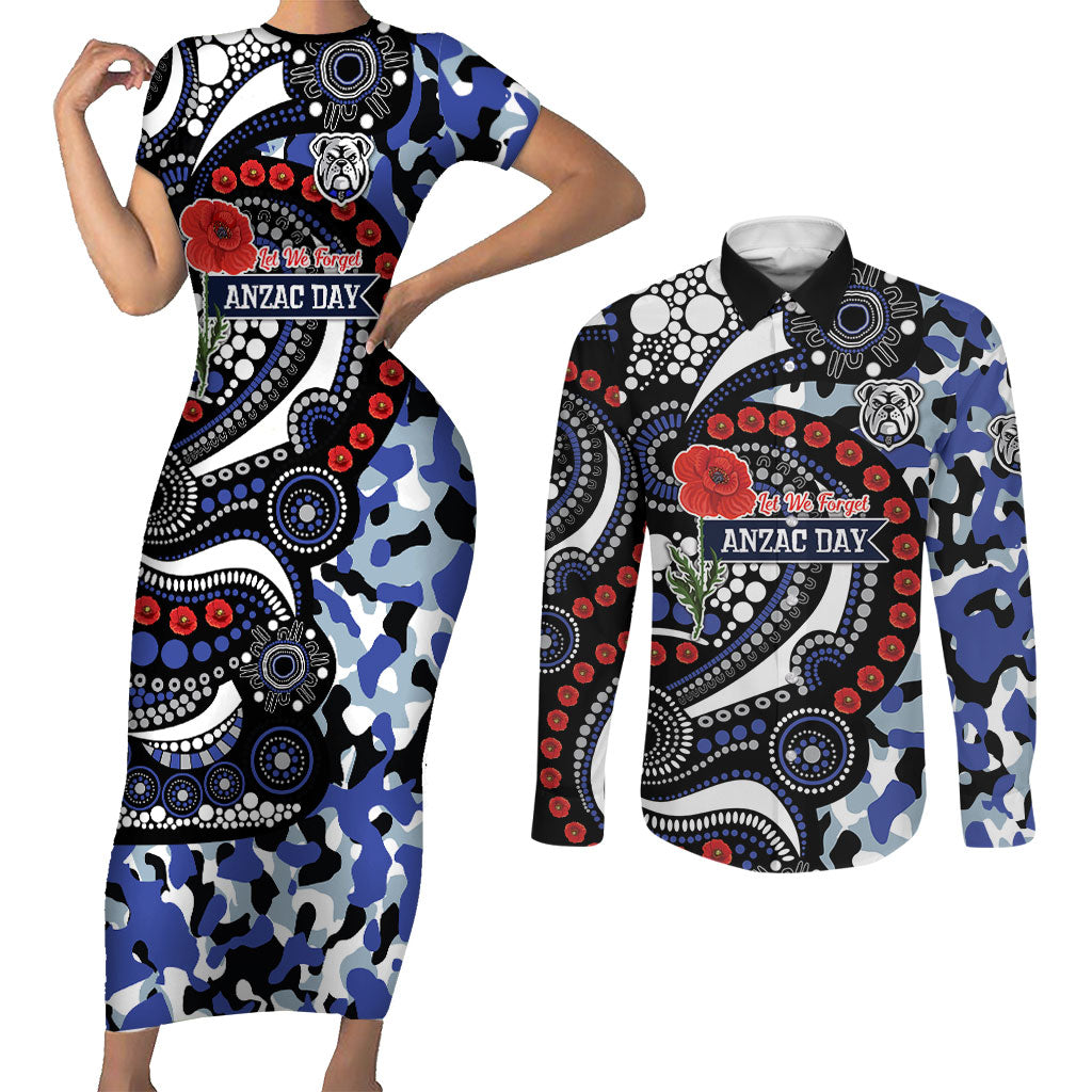 Canterbury Bulldogs ANZAC Day Couples Matching Short Sleeve Bodycon Dress and Long Sleeve Button Shirt Aboriginal Dot Poppy Remembrance Bulldog