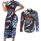 Canterbury Bulldogs ANZAC Day Couples Matching Short Sleeve Bodycon Dress and Long Sleeve Button Shirt Aboriginal Dot Poppy Remembrance Bulldog