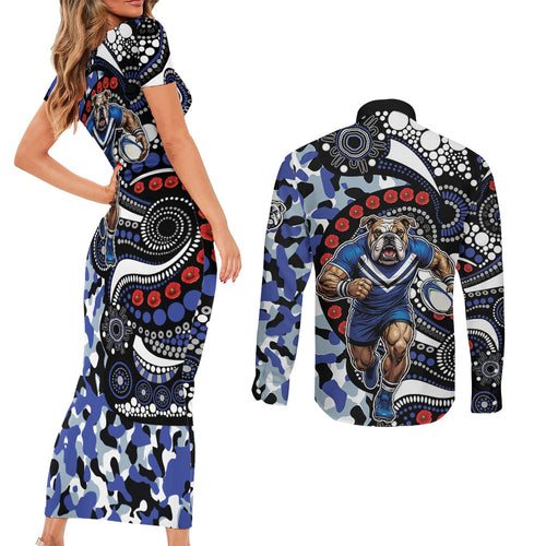 Canterbury Bulldogs ANZAC Day Couples Matching Short Sleeve Bodycon Dress and Long Sleeve Button Shirt Aboriginal Dot Poppy Remembrance Bulldog