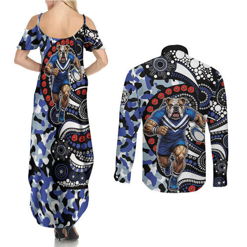 Canterbury Bulldogs ANZAC Day Couples Matching Summer Maxi Dress and Long Sleeve Button Shirt Aboriginal Dot Poppy Remembrance Bulldog