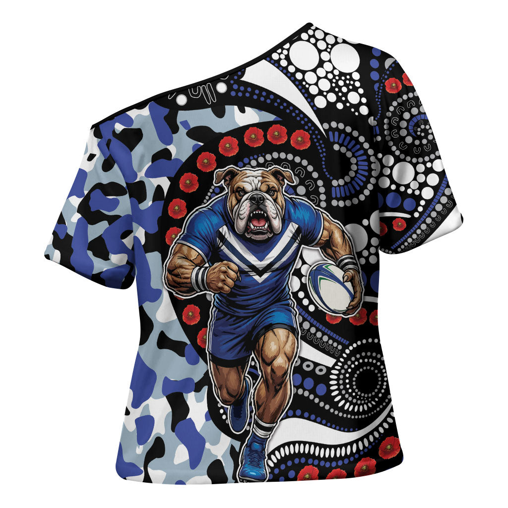 Canterbury Bulldogs ANZAC Day Cross Shoulder Shirt Aboriginal Dot Poppy Remembrance Bulldog