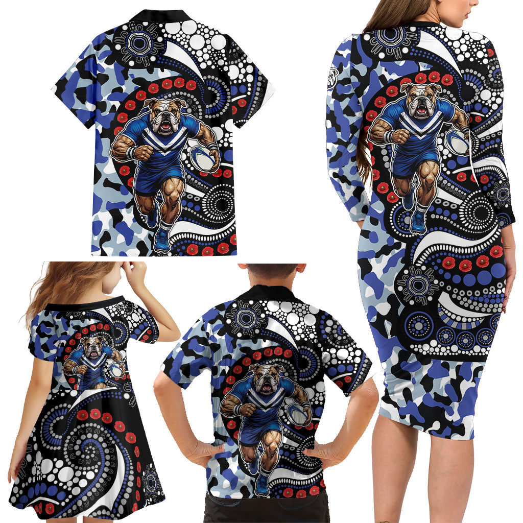 Canterbury Bulldogs ANZAC Day Family Matching Long Sleeve Bodycon Dress and Hawaiian Shirt Aboriginal Dot Poppy Remembrance Bulldog