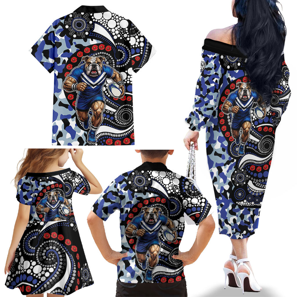 Canterbury Bulldogs ANZAC Day Family Matching Off The Shoulder Long Sleeve Dress and Hawaiian Shirt Aboriginal Dot Poppy Remembrance Bulldog