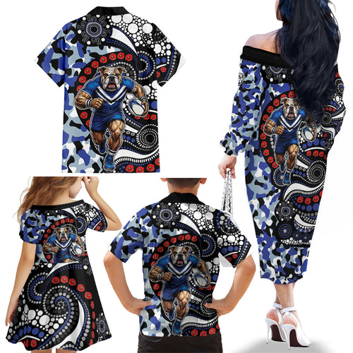 Canterbury Bulldogs ANZAC Day Family Matching Off The Shoulder Long Sleeve Dress and Hawaiian Shirt Aboriginal Dot Poppy Remembrance Bulldog