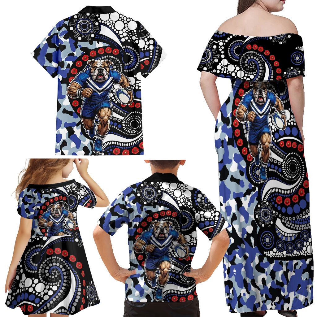 Canterbury Bulldogs ANZAC Day Family Matching Off Shoulder Maxi Dress and Hawaiian Shirt Aboriginal Dot Poppy Remembrance Bulldog